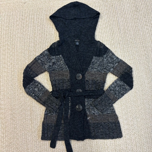 BCBGMAXAZRIA Hooded Belted Cardigan | Size M | Gray/Black Ombre Knit - Picture 1 of 8